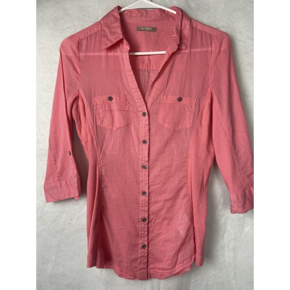 ORSAY WOMENS BUTTON DOWN SIZE EUR 34 PINK 3/4 SLEEVE BLOUSE TOP